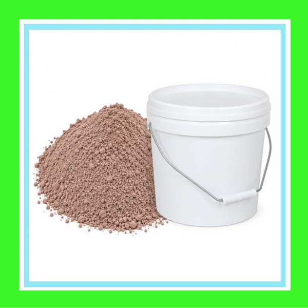 Fine bentonite clay beside a white bucket